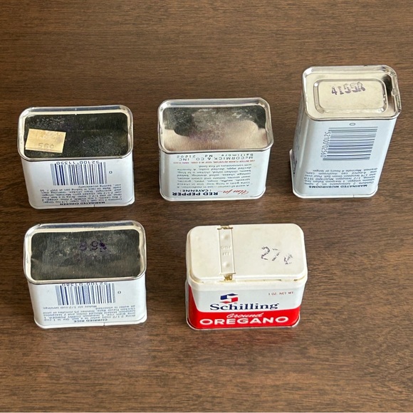 5 VINTAGE SCHILLING SPICE TINS RED PEPPER CUMIN CURRY OREGANO MUSTARD SEED 1977 - Picture 7 of 7